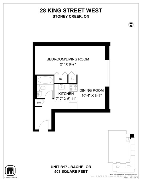 A floor plan for a 503 square foot unit with a bedroom, living room, and kitchen.
